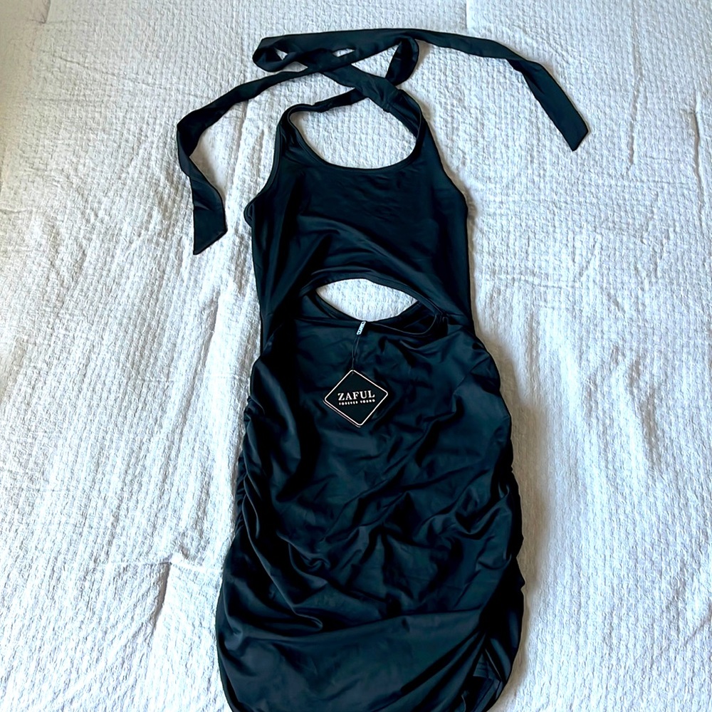 Zaful Women's little black dress open back tie neck ruched back stretch sz S NWT
